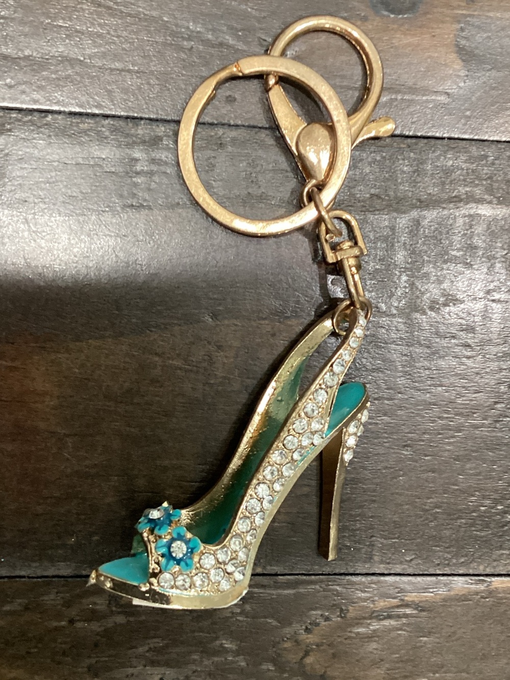Gold Crystal Teal High Heel‎ Keychain Charm - Women Shoes Accessory